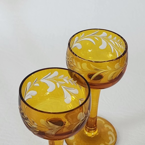 Set of 2 Amber Gold Cut to Clear Glass Liquor Cordial Glasses - Picture 3 of 8